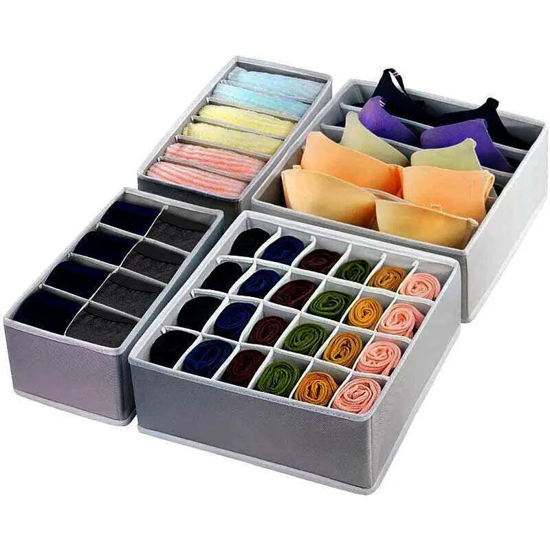 Drawer Organizer Set Foldable Storage Box Divider for Bra Underwear Closet 4pcs - Grey Wholesale Hub