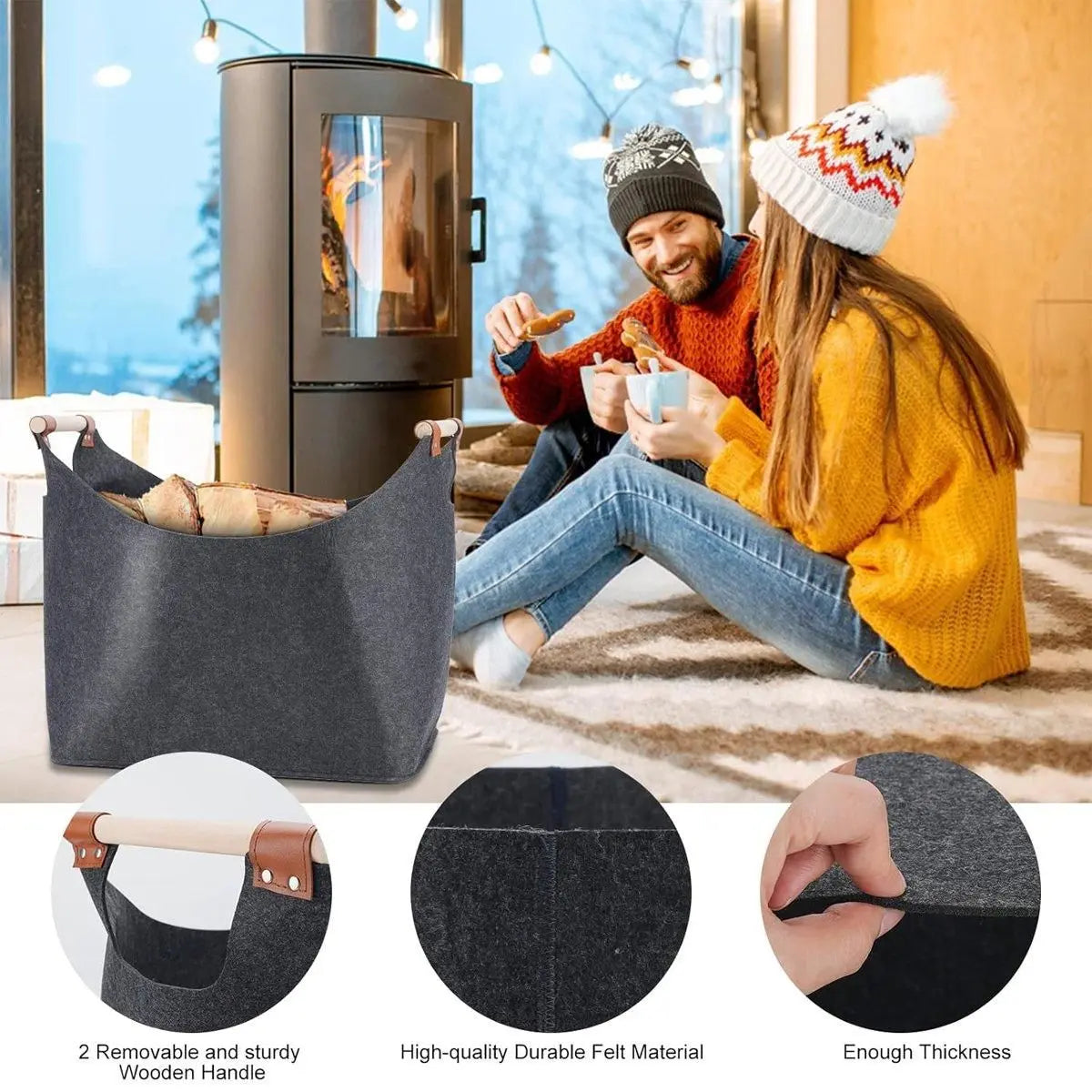 Felt Firewood Storage Basket Tote Bag Large Felt Basket for Firewood Wood Holder Wholesale Hub