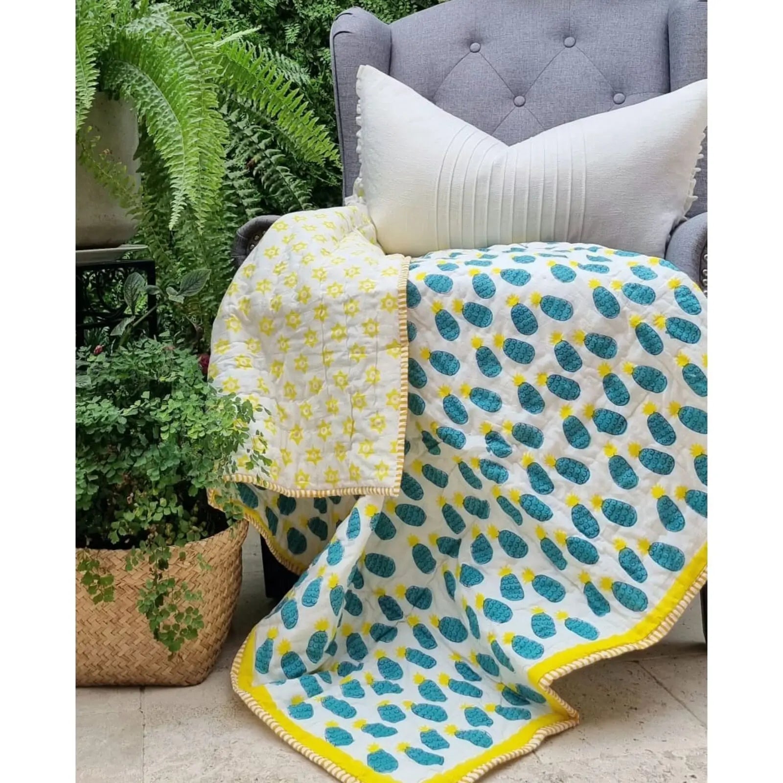 GOTS Certified Organic Cotton Reversible Baby Quilt (100x120cm) - Blue Pineapple Wholesale Hub