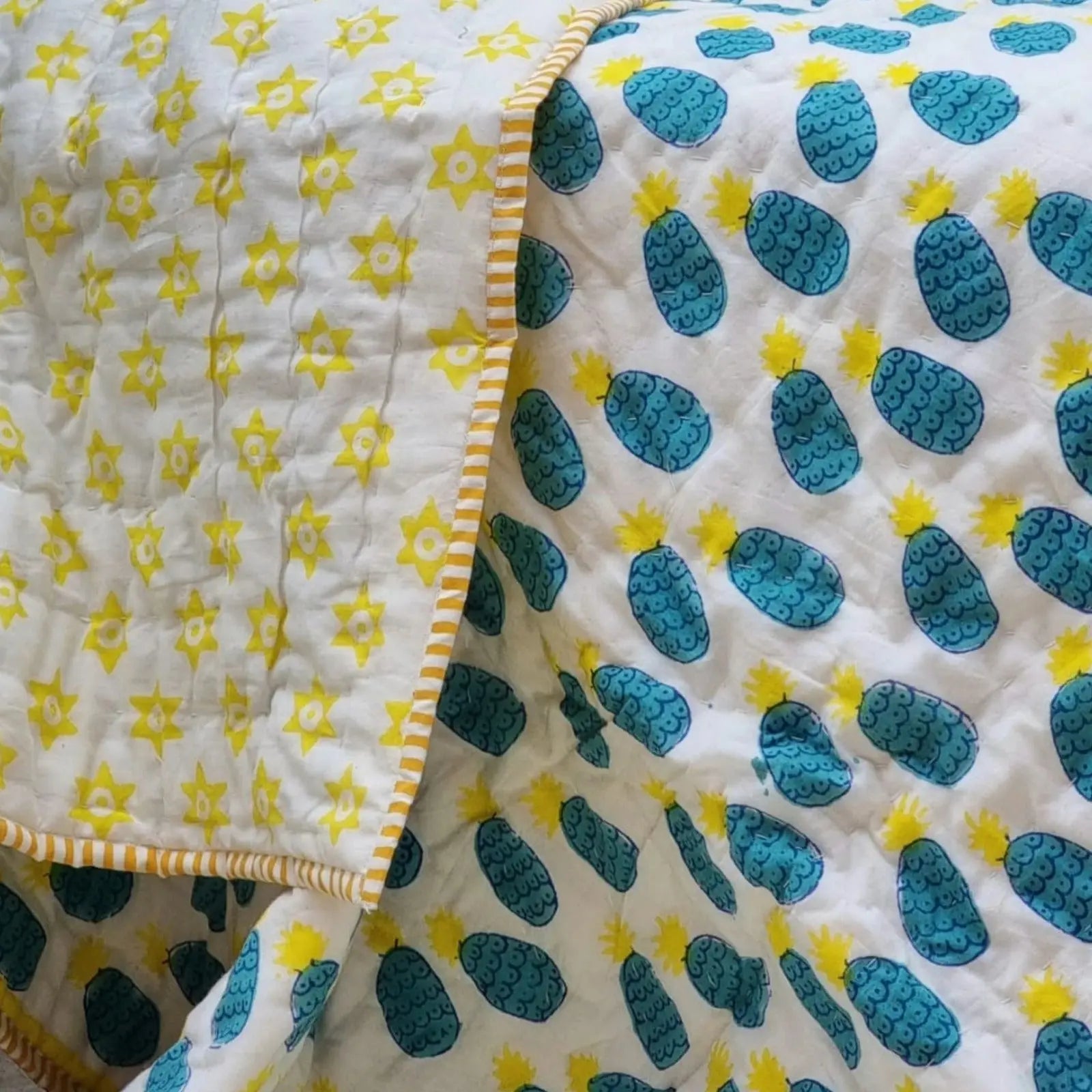 GOTS Certified Organic Cotton Reversible Baby Quilt (100x120cm) - Blue Pineapple Wholesale Hub