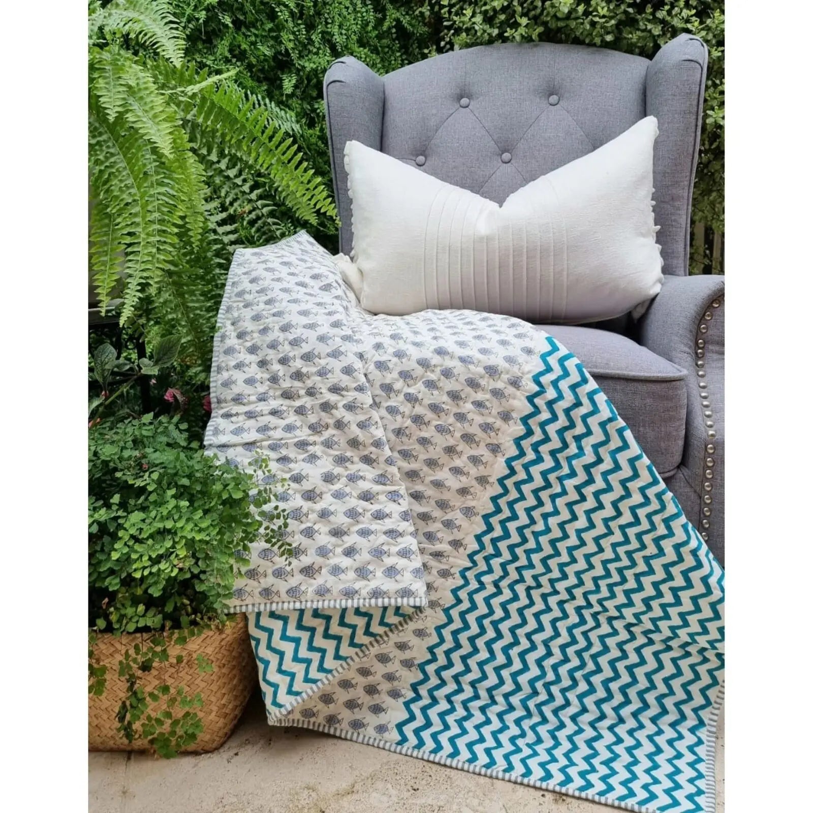 GOTS Certified Organic Cotton Reversible Baby Quilt (100x120cm) - Little Fish (Blue) Wholesale Hub