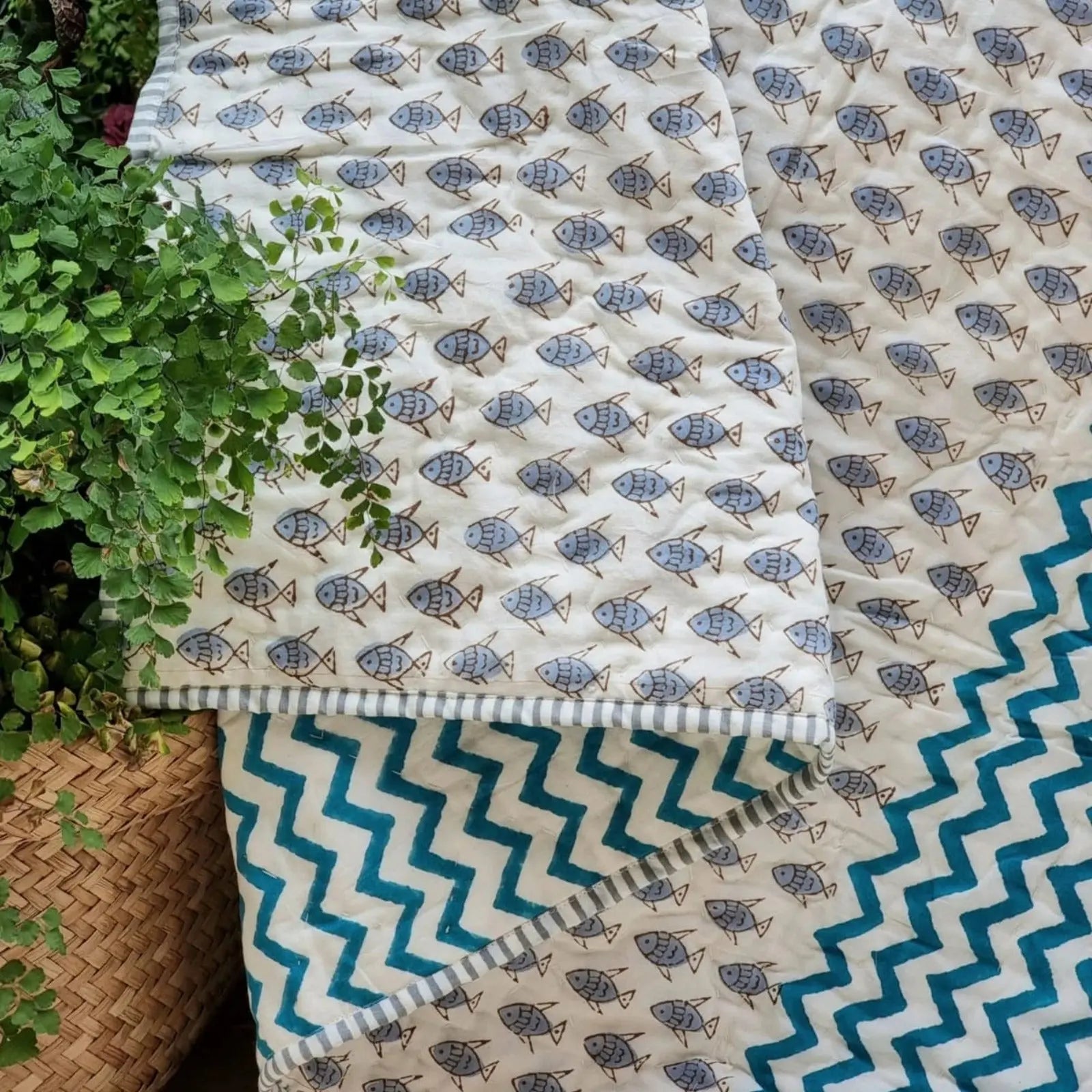 GOTS Certified Organic Cotton Reversible Baby Quilt (100x120cm) - Little Fish (Blue) Wholesale Hub