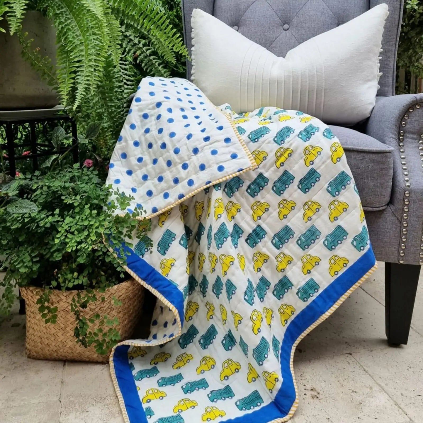 GOTS Certified Organic Cotton Reversible Baby Quilt (100x120cm) - Yellow Cars Wholesale Hub