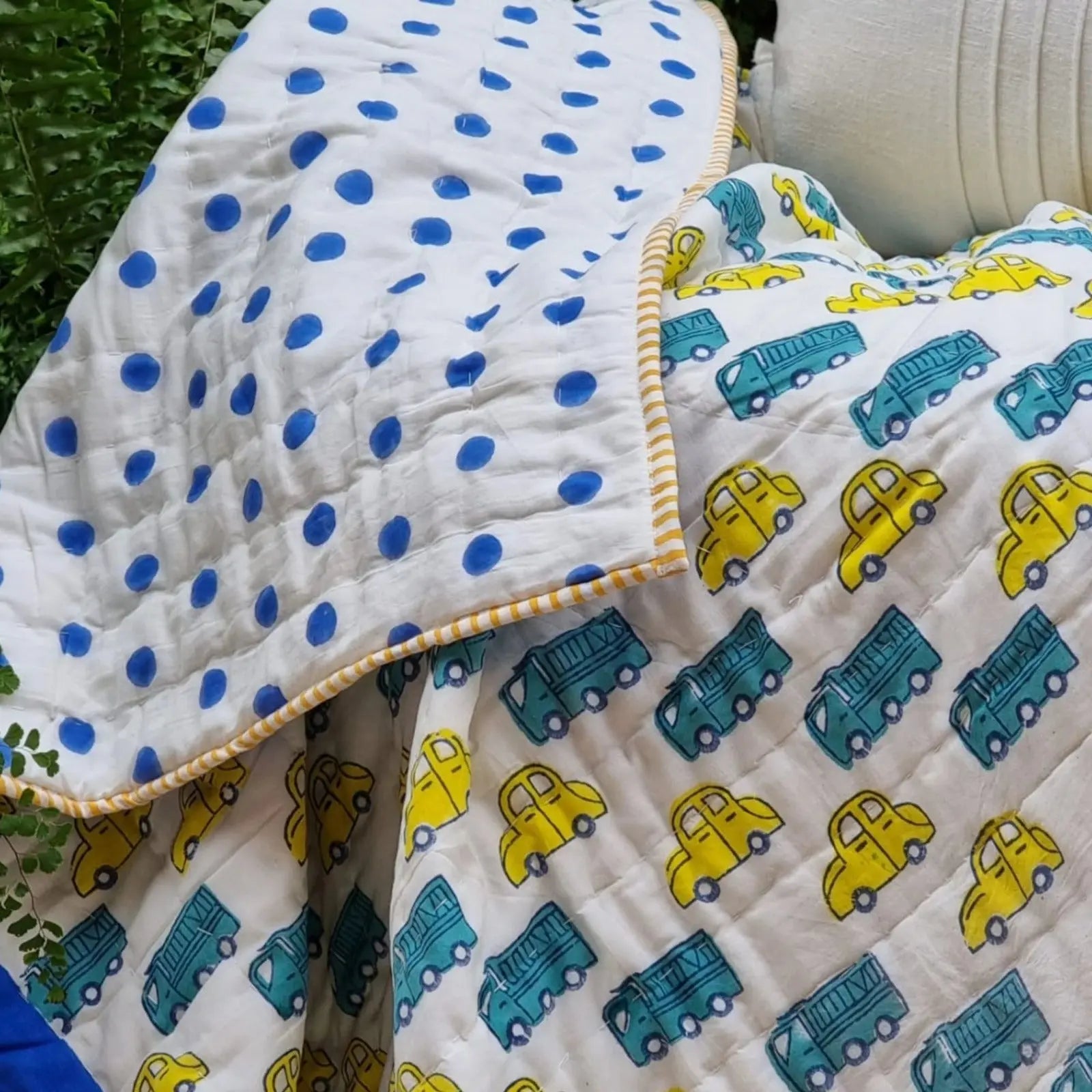 GOTS Certified Organic Cotton Reversible Baby Quilt (100x120cm) - Yellow Cars Wholesale Hub
