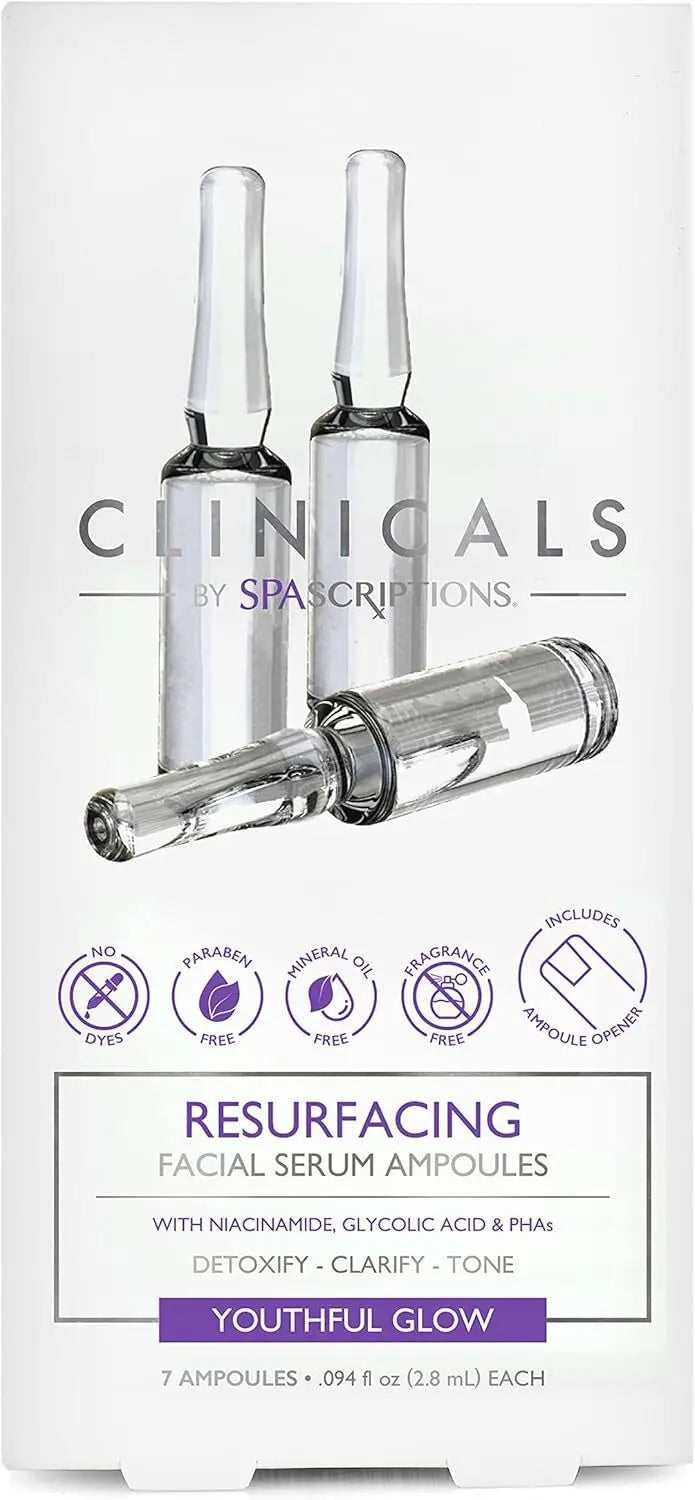Spascriptions Clinicals Resurfacing Serum Ampoules 7-Pack 2.8ml Each Niacinamide Glycolic Acid PHAs Youthful Glow Wholesale Hub