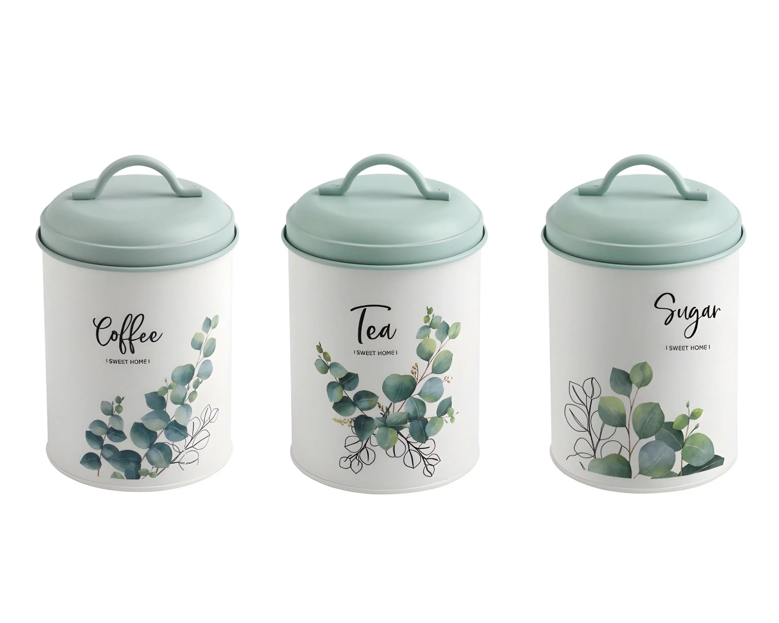 Set 3 Eucalyptus Metal Coffee Tea Sugar Storage Tins 11x18cm Wholesale Hub