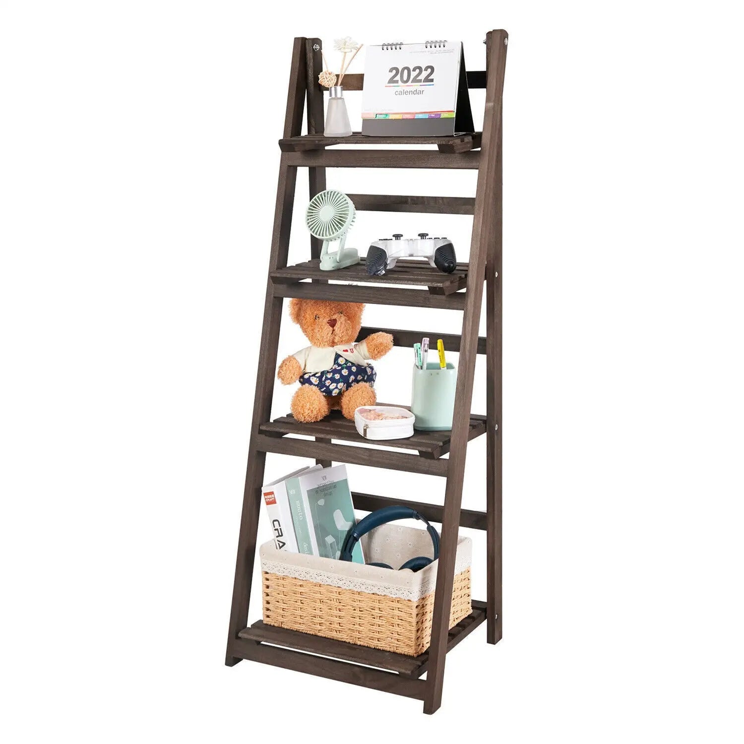 Retro 4 Tier Wooden Ladder Bookcase Folding Book Shelf Plant Stand Storage Rack Wholesale Hub