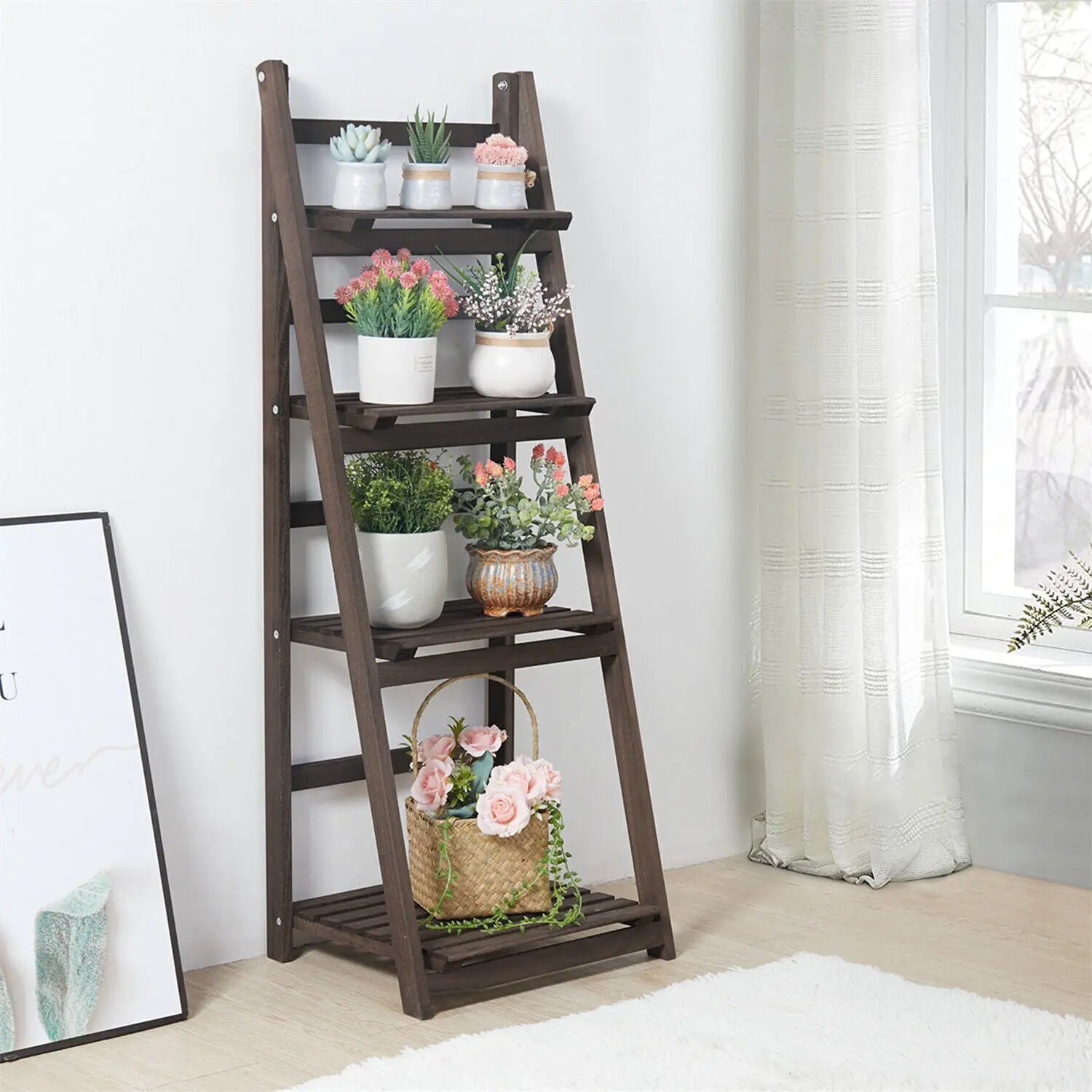 Retro 4 Tier Wooden Ladder Bookcase Folding Book Shelf Plant Stand Storage Rack Wholesale Hub