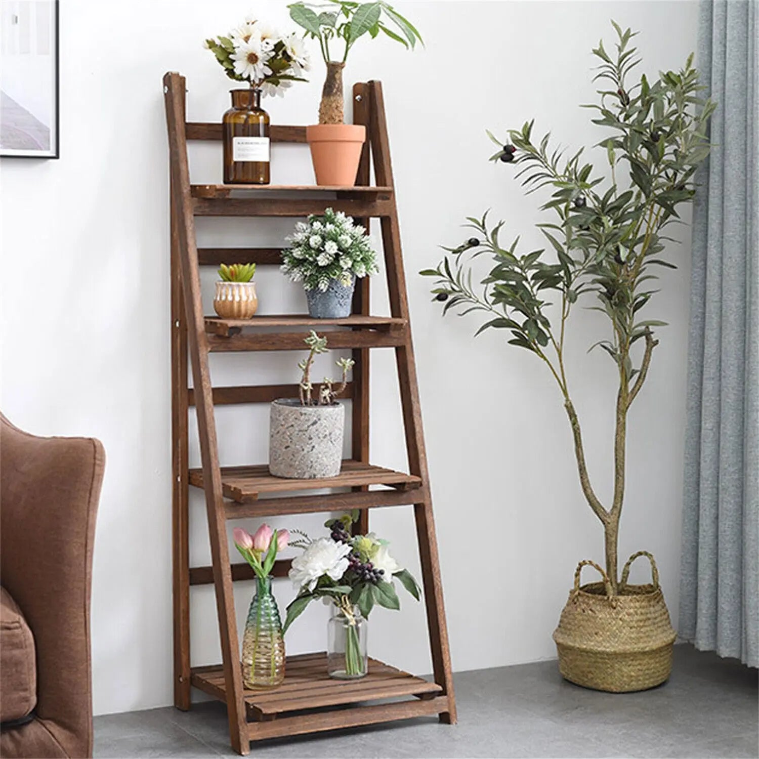 Retro 4 Tier Wooden Ladder Bookcase Folding Book Shelf Plant Stand Storage Rack Wholesale Hub