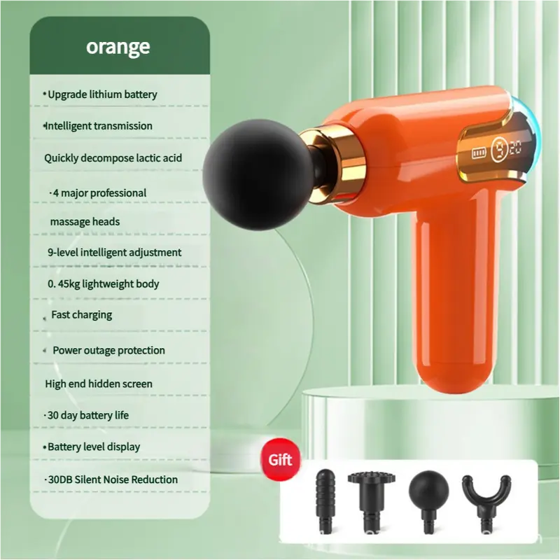 LC002 Orange Portable Massage Gun - Deep Tissue Muscle Massager with 4 Heads and 9 Speed Settings Wholesale Hub