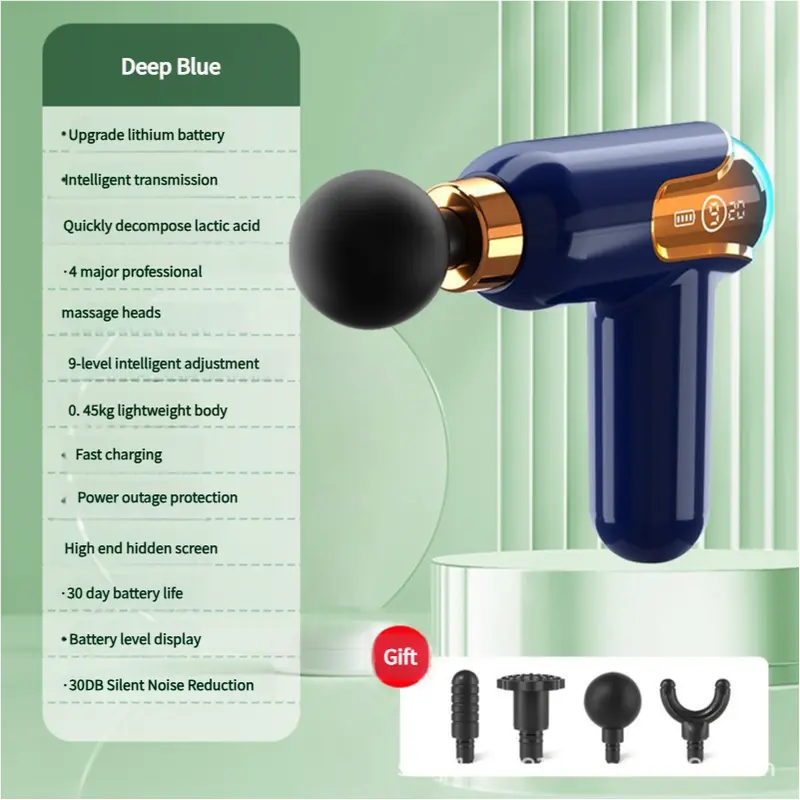 LC002 Deep Blue Portable Massage Gun - Deep Tissue Muscle Massager with 4 Heads and 9 Speed Settings Wholesale Hub