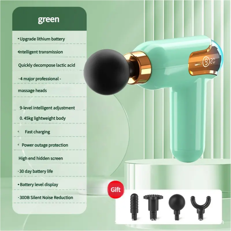 LC002 Green Portable Massage Gun - Deep Tissue Muscle Massager with 4 Heads and 9 Speed Settings Wholesale Hub