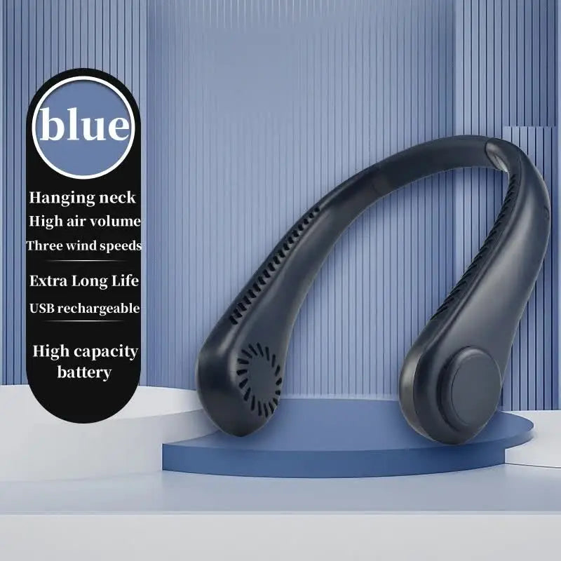 2PCS Blue Leafless Hanging Neck Fan - Rechargeable Portable Hands-Free Cooling Fan with 3 Speeds Wholesale Hub