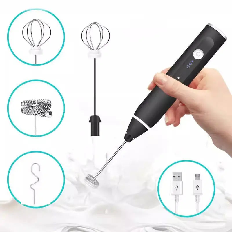 Black 304 Stainless Steel 3-Speed Handheld Electric Milk Frother, Egg Beater, Paint Mixer, and Milk Powder Blender Wholesale Hub