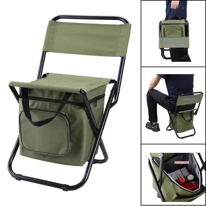 Green Portable 3-in-1 Folding Camping Chair with Storage Bag, Backrest, and Insulated Cooler for Outdoor Fishing, Hiking, and Picnics Wholesale Hub