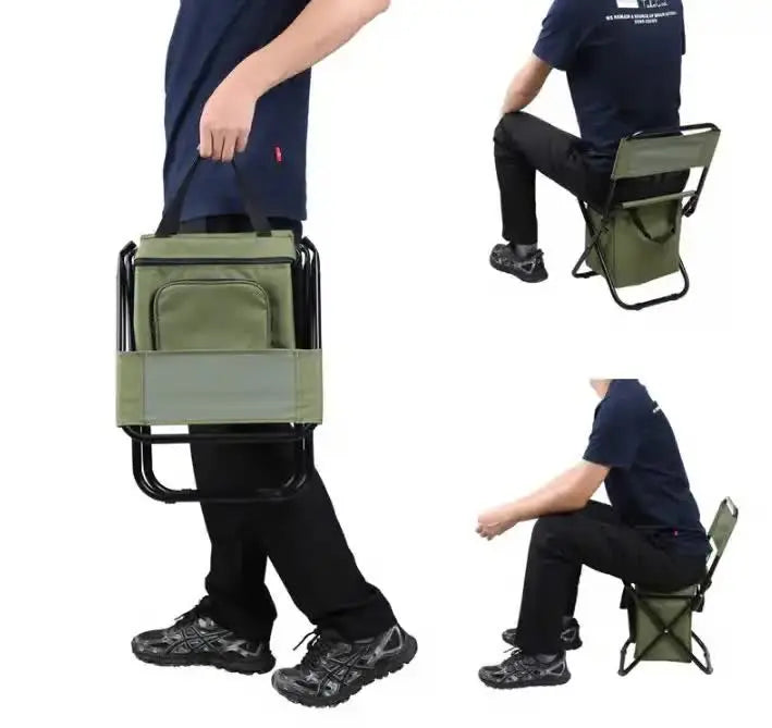 Green Portable 3-in-1 Folding Camping Chair with Storage Bag, Backrest, and Insulated Cooler for Outdoor Fishing, Hiking, and Picnics Wholesale Hub