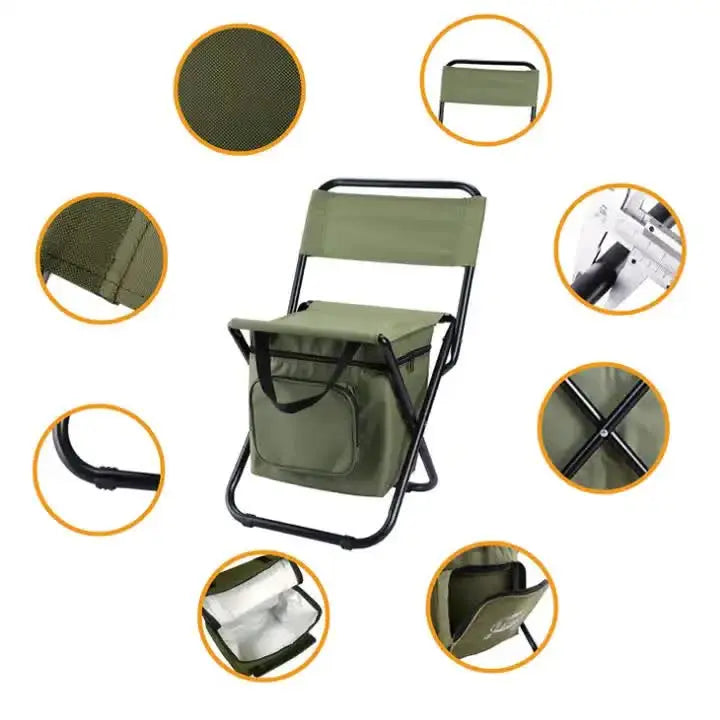 Green Portable 3-in-1 Folding Camping Chair with Storage Bag, Backrest, and Insulated Cooler for Outdoor Fishing, Hiking, and Picnics Wholesale Hub