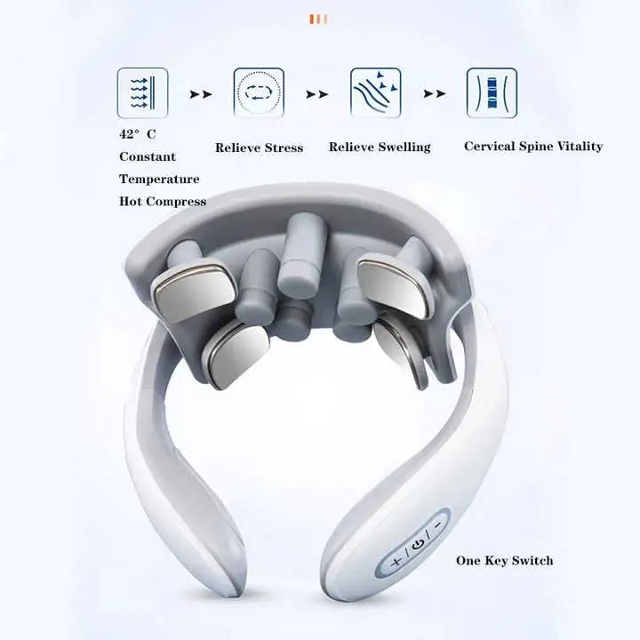 White Portable Electric Neck Massager – Intelligent Pulse Therapy with Heat and 4 Massage Heads Wholesale Hub