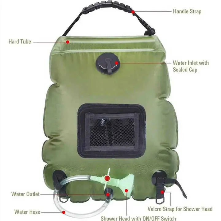 Green Portable Solar Camping Shower Bag, Foldable 20L Outdoor Water Storage Bag with Temperature Display for Easy Use Wholesale Hub