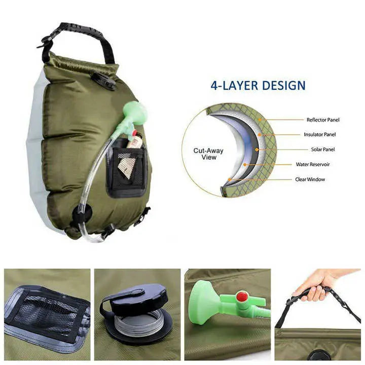 Green Portable Solar Camping Shower Bag, Foldable 20L Outdoor Water Storage Bag with Temperature Display for Easy Use Wholesale Hub