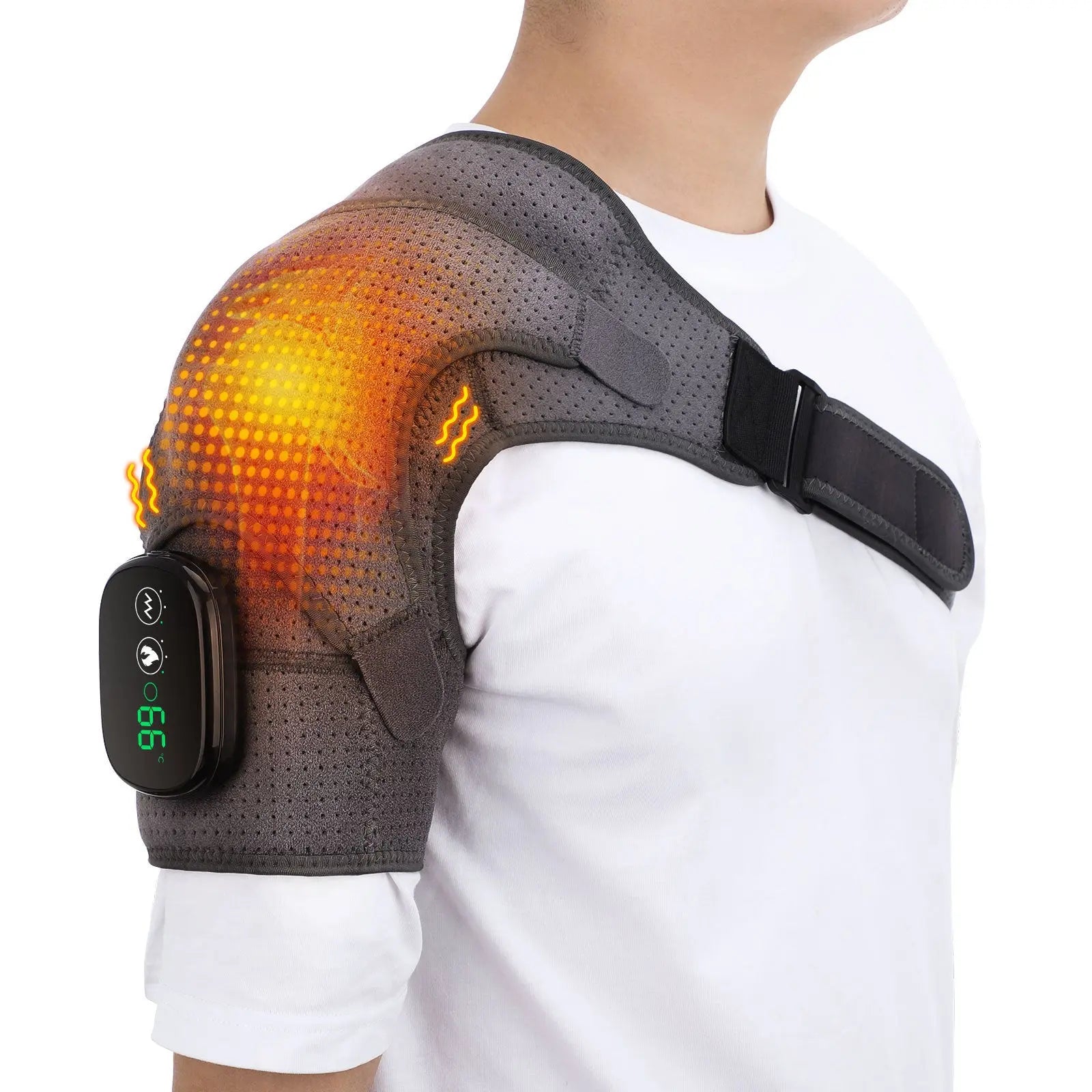 Gray Rechargeable Heated Shoulder Massager with LED Display - Adjustable Compression Wrap for Pain Relief and Relaxation Wholesale Hub