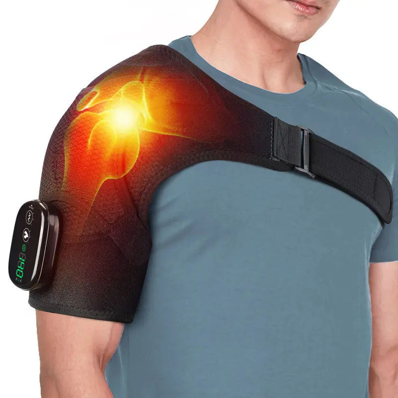 Black Rechargeable Heated Shoulder Massager with LED Display - Adjustable Compression Wrap for Pain Relief and Relaxation Wholesale Hub
