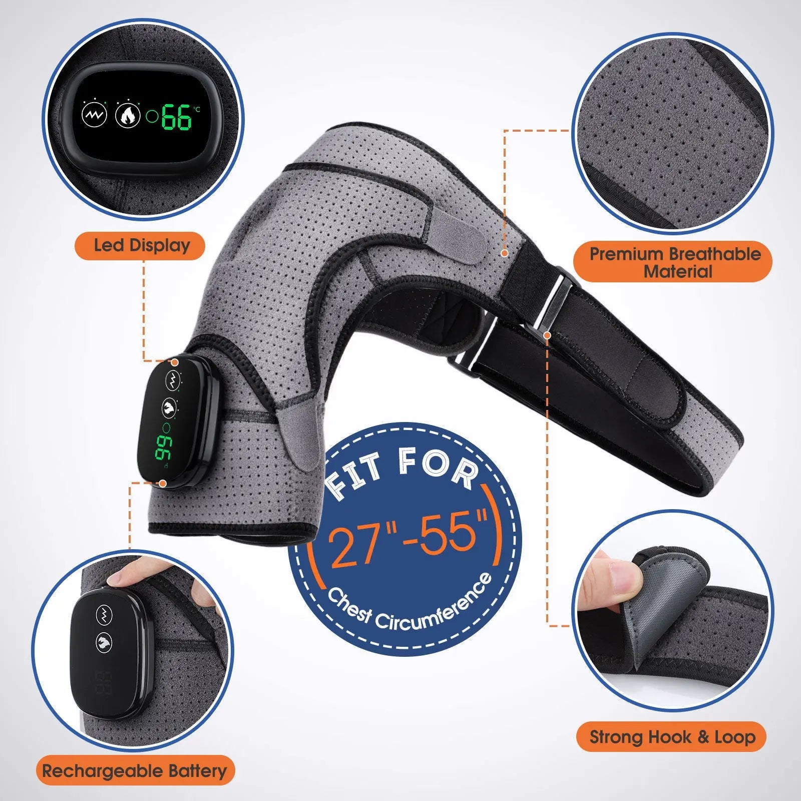 Black Rechargeable Heated Shoulder Massager with LED Display - Adjustable Compression Wrap for Pain Relief and Relaxation Wholesale Hub