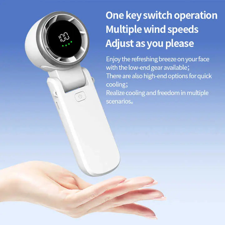 White Portable USB Rechargeable Handheld Fan with Digital Display Wholesale Hub