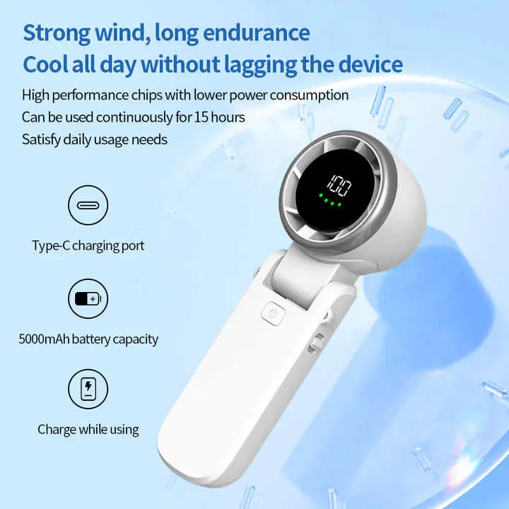 White Portable USB Rechargeable Handheld Fan with Digital Display Wholesale Hub