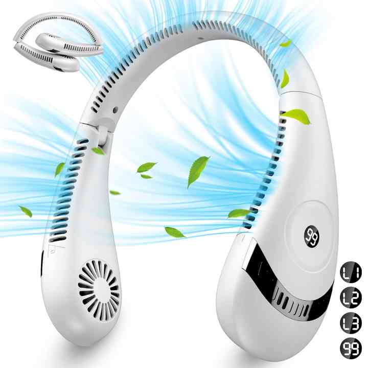 White Rechargeable 5000mAh Portable Neck Fan with 3-Speed Settings Wholesale Hub