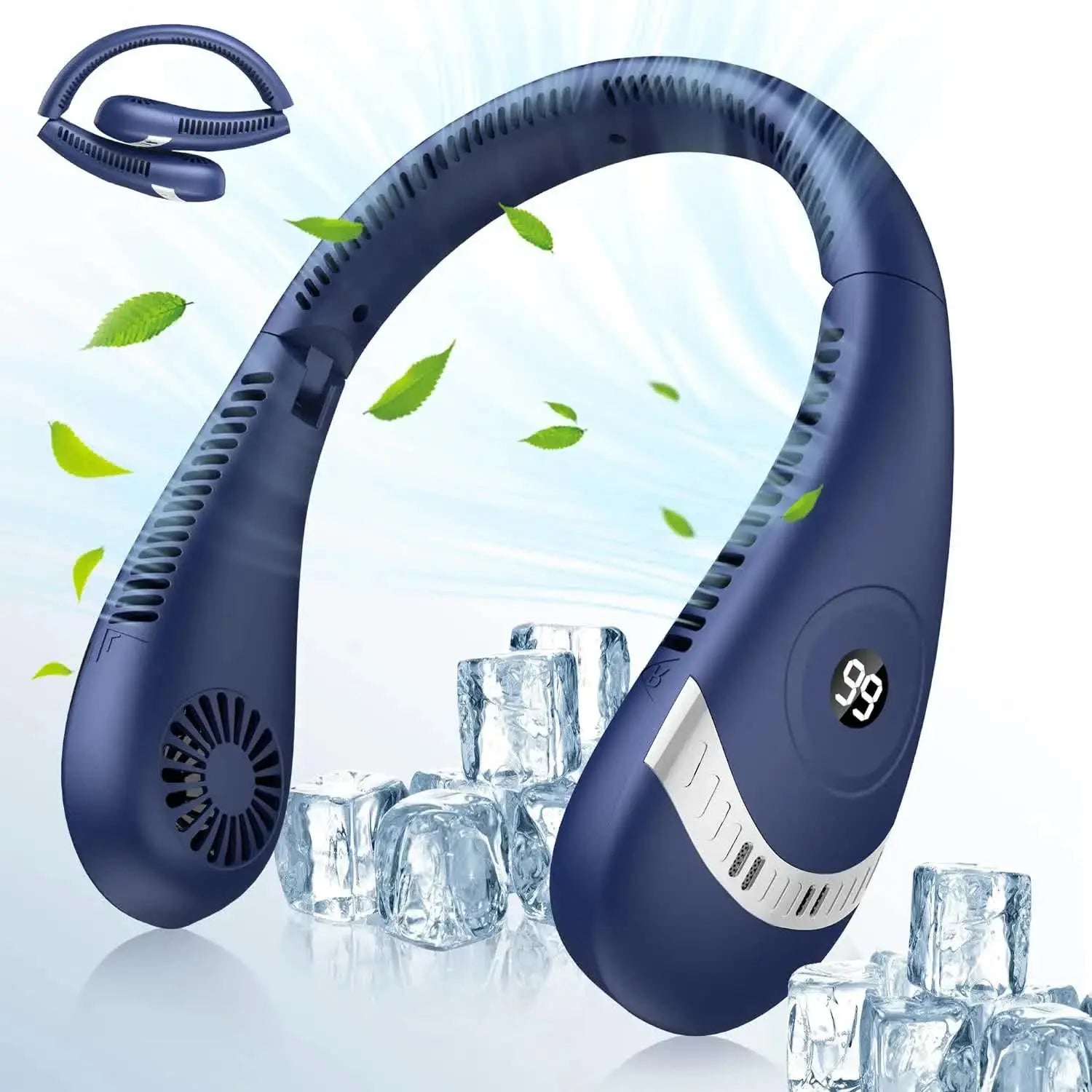Dark Blue Rechargeable 5000mAh Portable Neck Fan with 3-Speed Settings Wholesale Hub
