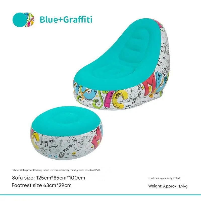Blue Graffiti Portable Inflatable Sofa Chair with Ottoman - Waterproof Flocked Lazy Sofa for Camping and Home Use Wholesale Hub