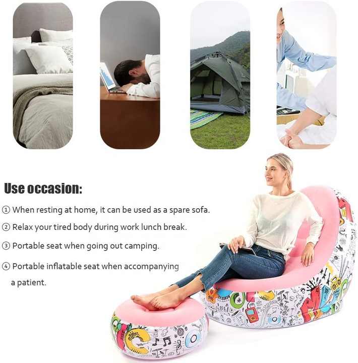 Blue Graffiti Portable Inflatable Sofa Chair with Ottoman - Waterproof Flocked Lazy Sofa for Camping and Home Use Wholesale Hub