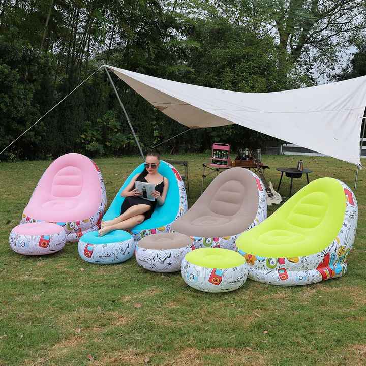 Blue Graffiti Portable Inflatable Sofa Chair with Ottoman - Waterproof Flocked Lazy Sofa for Camping and Home Use Wholesale Hub