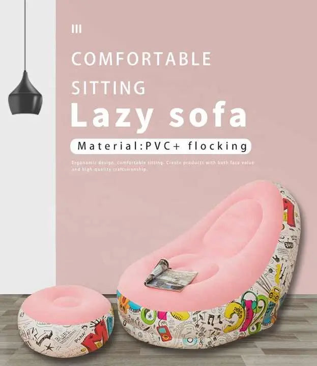 Blue Graffiti Portable Inflatable Sofa Chair with Ottoman - Waterproof Flocked Lazy Sofa for Camping and Home Use Wholesale Hub