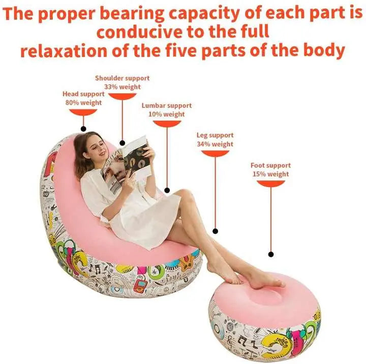 Blue Graffiti Portable Inflatable Sofa Chair with Ottoman - Waterproof Flocked Lazy Sofa for Camping and Home Use Wholesale Hub