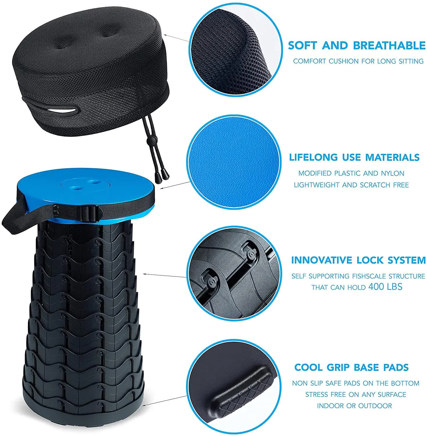 Black Portable Outdoor Telescopic Folding Stool with 100 Weight-Bearing Buckles, Lightweight and Compact Design, Perfect for Fishing, Camping, and Travel Wholesale Hub
