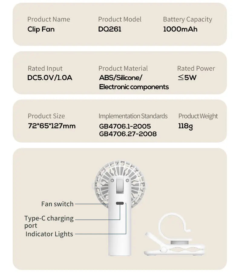 Apricot Portable Multifunctional Clip Fan DQ261 - 1000mAh Battery, 3-Speed, Quiet Cooling for Summer Wholesale Hub