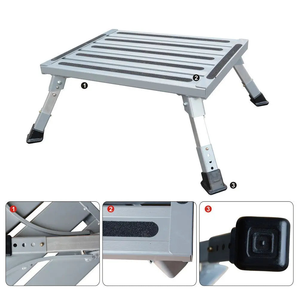 Heavy Duty Aluminum Folding Step Stool - Portable RV Platform and Work Bench with Non-Slip Surface - Collapsible Multi-Purpose Step for Camping, Home, and Outdoor Use Wholesale Hub