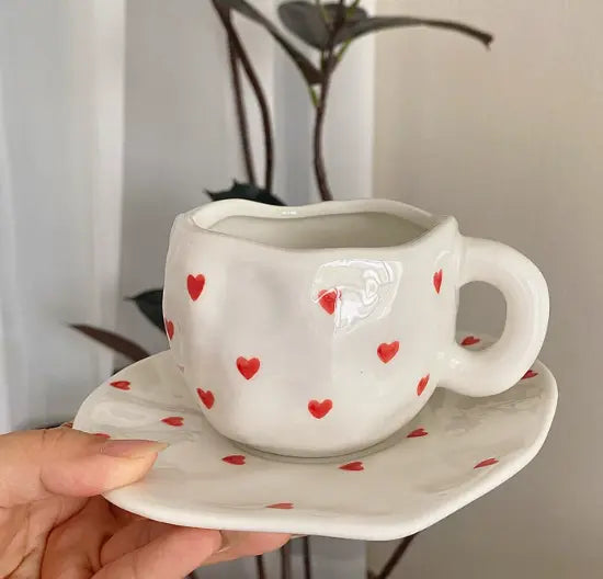 White Background Little Heart 300ML Underglaze Hand-Pinched Cup and Saucer Set - Ceramic Coffee Mug Milk Cup Breakfast Set Wholesale Hub
