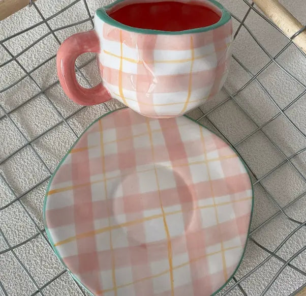 White Background Little Heart 300ML Underglaze Hand-Pinched Cup and Saucer Set - Ceramic Coffee Mug Milk Cup Breakfast Set Wholesale Hub