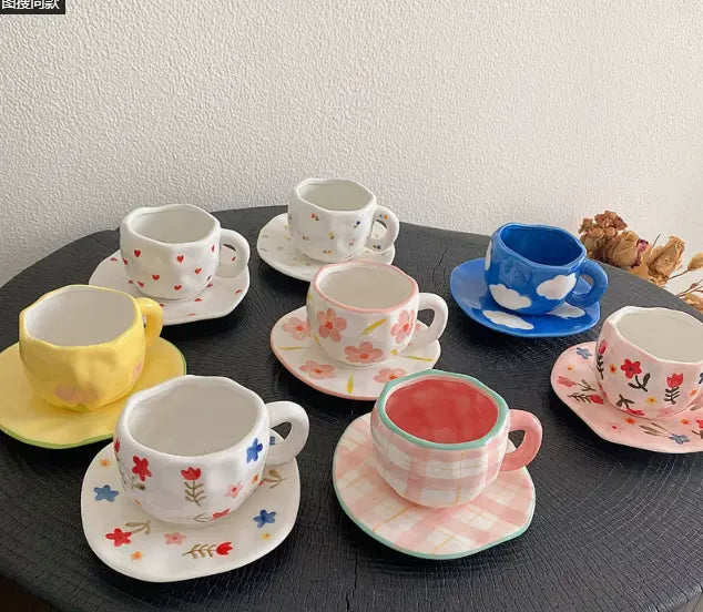 White Background Little Heart 300ML Underglaze Hand-Pinched Cup and Saucer Set - Ceramic Coffee Mug Milk Cup Breakfast Set Wholesale Hub