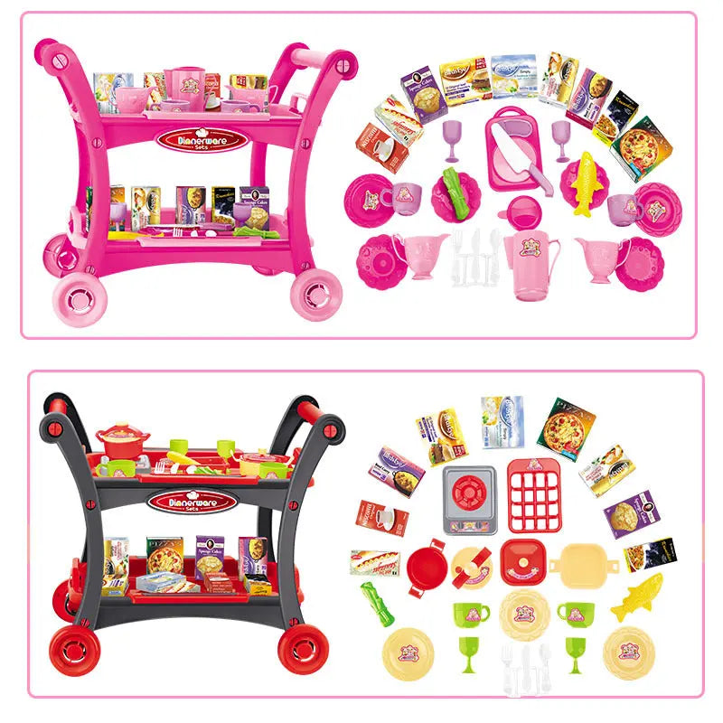 Pink Children's Pretend Play Kitchen Cart Set with Toys - Roleplay Cooking Set with Accessories - Educational Toy for Kids Wholesale Hub