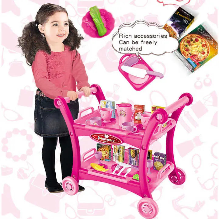Pink Children's Pretend Play Kitchen Cart Set with Toys - Roleplay Cooking Set with Accessories - Educational Toy for Kids Wholesale Hub