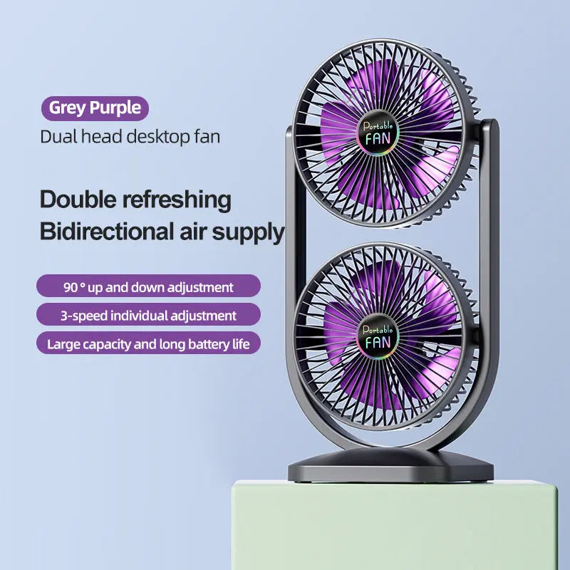 Purple Dual Head USB Rechargeable Desk Fan - Portable Double Air Circulator Wholesale Hub