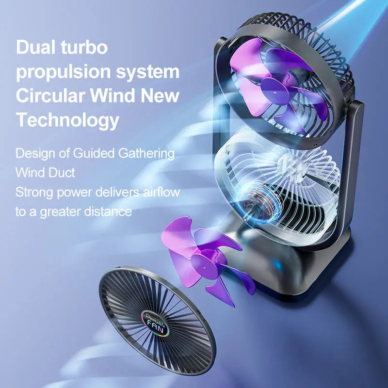 Purple Dual Head USB Rechargeable Desk Fan - Portable Double Air Circulator Wholesale Hub