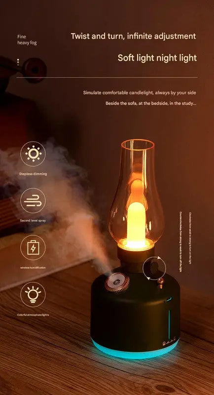 Green Retro Kerosene Lamp Humidifier - Rechargeable Cool Mist Maker with Dimmable Light Wholesale Hub