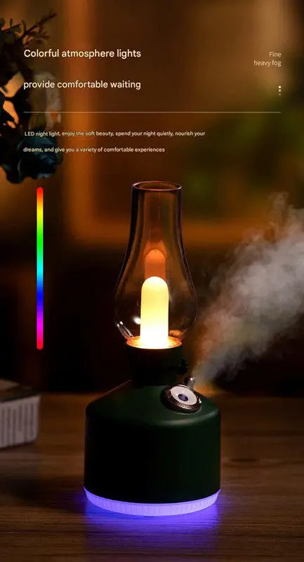 Green Retro Kerosene Lamp Humidifier - Rechargeable Cool Mist Maker with Dimmable Light Wholesale Hub