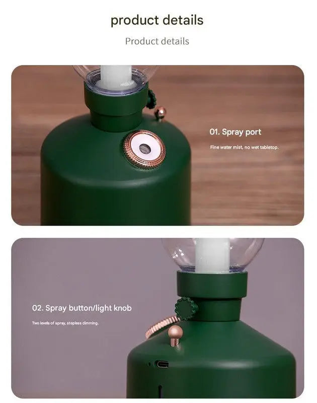 Green Retro Kerosene Lamp Humidifier - Rechargeable Cool Mist Maker with Dimmable Light Wholesale Hub