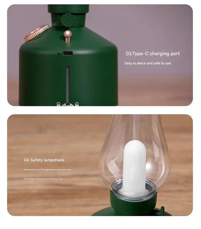 Green Retro Kerosene Lamp Humidifier - Rechargeable Cool Mist Maker with Dimmable Light Wholesale Hub